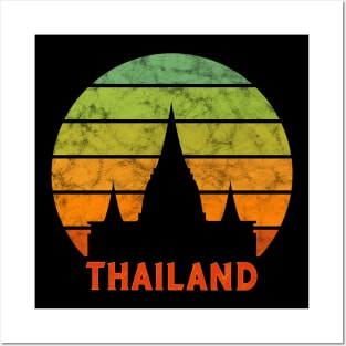 Thailand Temple Silhouette On A Rainbow Of Sunset Colors Posters and Art